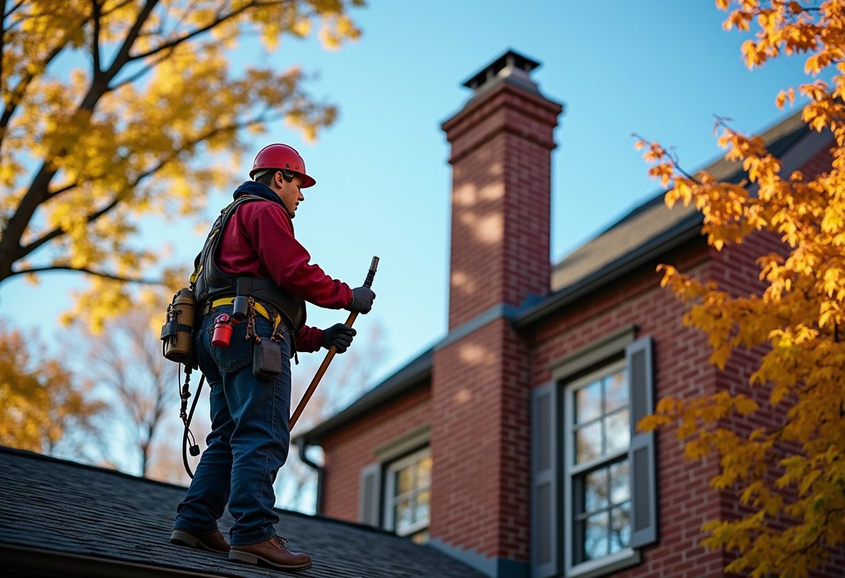 Chimney sweep on the roof of a brick colonial home — Sterling
